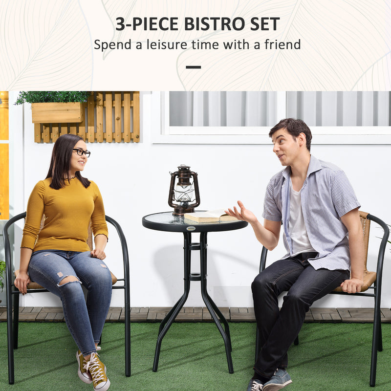 Garden Bistro Set with Stackable Rattan Chairs and Glass Table for Small Spaces Brown