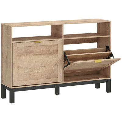 Shoe Storage Cabinet for Narrow Hallways with Flip Drawers and Open Shelves Walnut Brown AOSOM