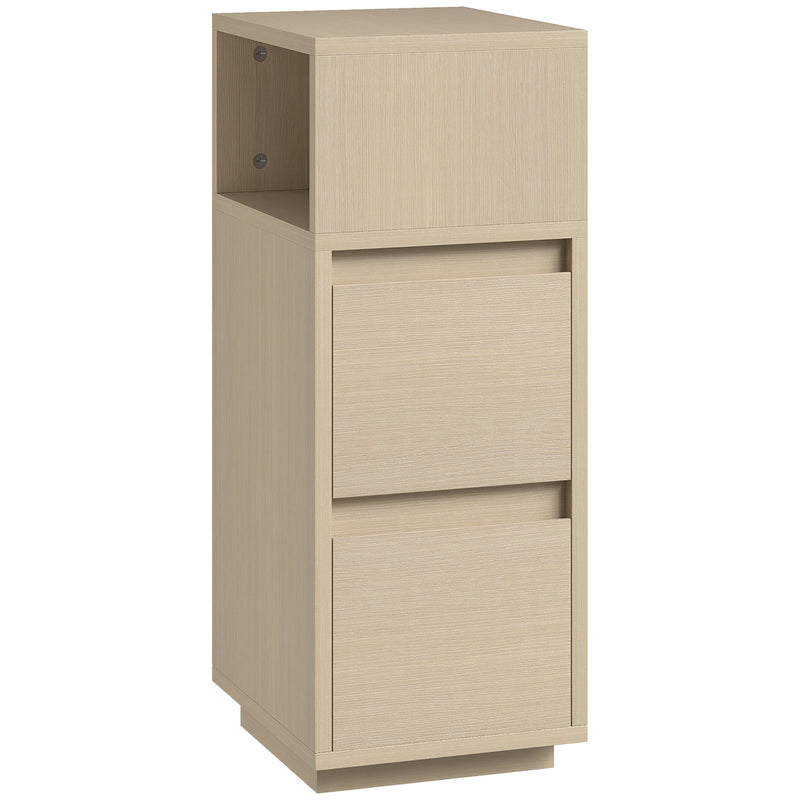 Slim Bedside Table With Open Shelf and Two Drawers for Bedroom Storage Natural Wood Finish