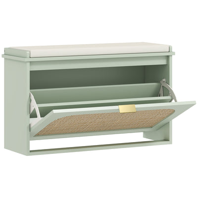 Boho Shoe Storage Bench With Cushion Seat And Flip Drawer For Hallway Light Green