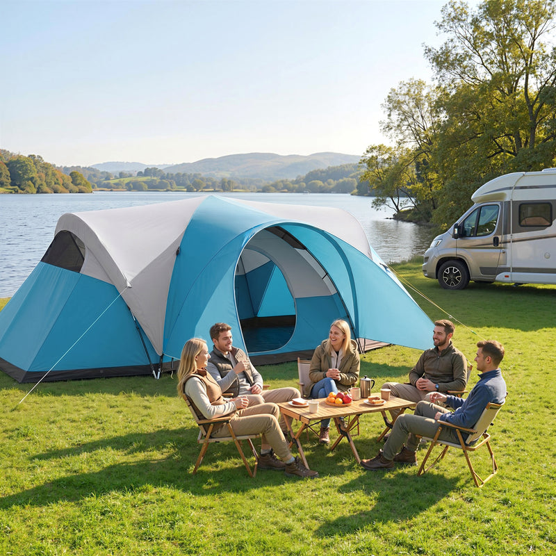 Outsunny 3000mm Waterproof Camping Tent for 5-6 Man, Family Tent with Porch and Sewn in Groundsheet, Portable with Bag, Blue