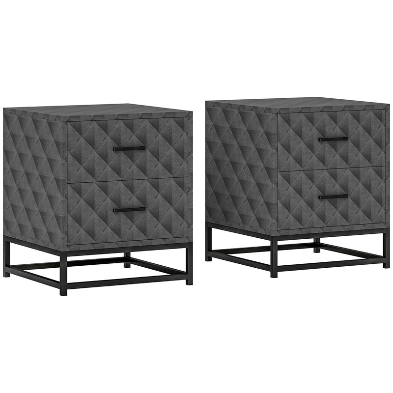Set of 2 Grey Bedside Tables with 2 Drawers and Steel Legs for Bedroom or Living Room by HOMCOM