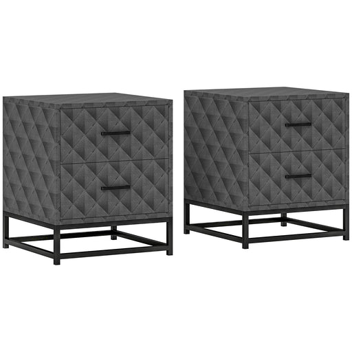 Set of 2 Grey Bedside Tables with 2 Drawers and Steel Legs for Bedroom or Living Room by HOMCOM