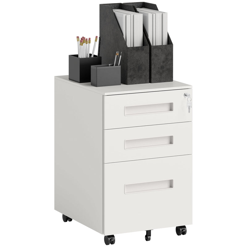 White Metal Mobile Filing Cabinet with Lockable 3 Drawers and Wheels for Home Office by Vinsetto