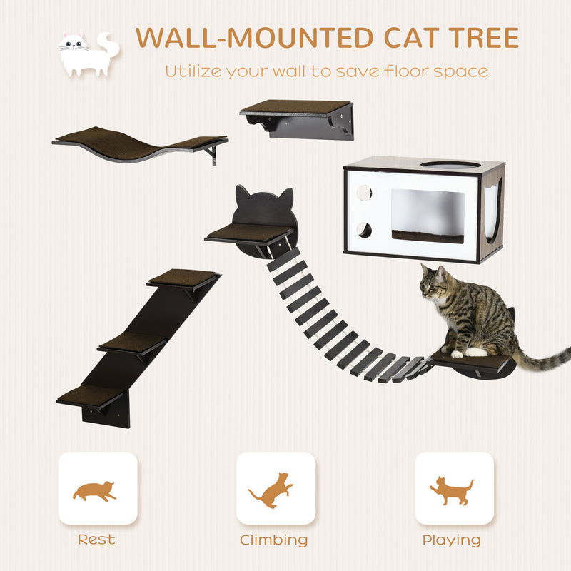 5 Piece Wall Mounted Cat Shelves With Climbing Tree for Indoor Play and Rest, Brown