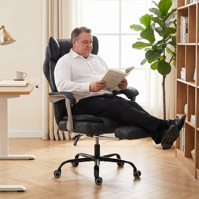 High Back Office Chair for Tall and Heavy Users with Reclining Footrest and Wide Seat Black