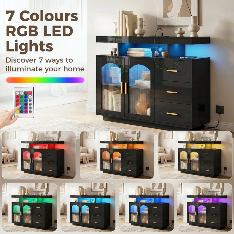 Sideboard with Organised Storage and Built In Charging Hub for Living Room Black