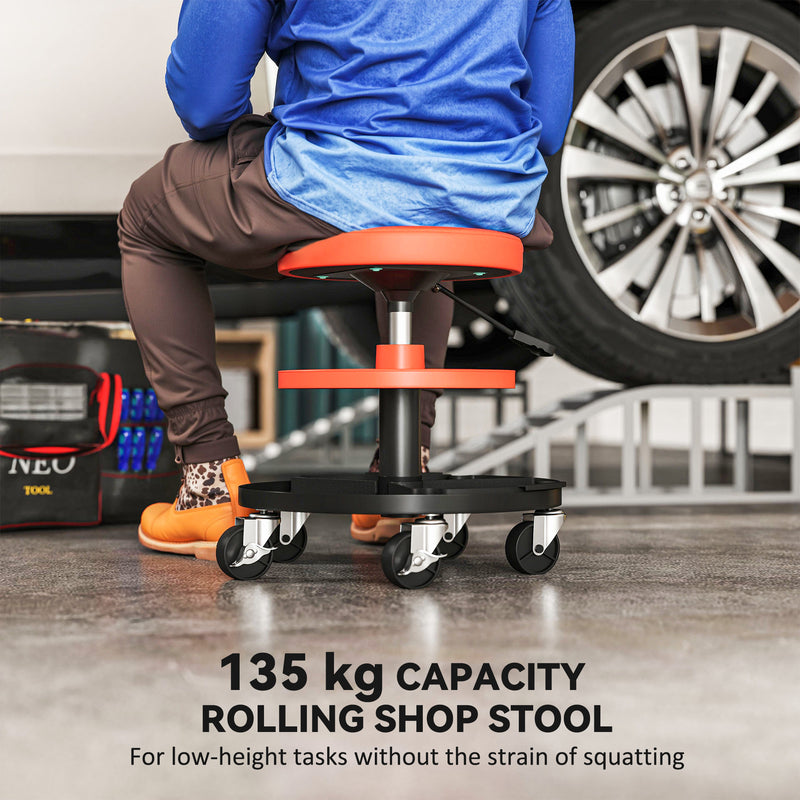 Mechanic Rolling Stool with Height Adjustment and Tool Trays for Garage and Workshop Yellow AOSOM