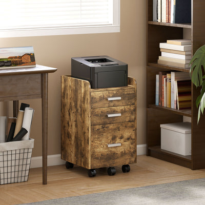 3 Drawer Mobile Filing Cabinet With Hanging File Storage And Edged Top Rustic Brown AOSOM