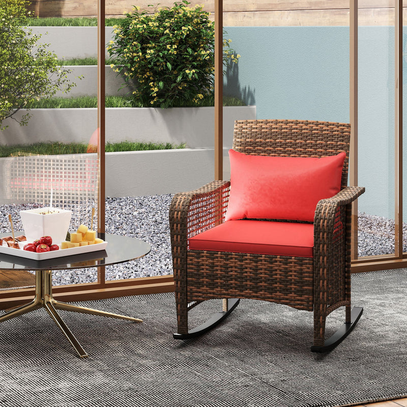 Red Rattan Rocking Chair with Cushions Steel Frame for Garden Patio Balcony by Outsunny