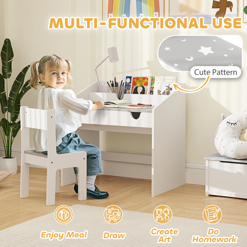 Kids Study Table and Chair Set with Storage and Pull-Out Drawer Grey by AIYAPLAY