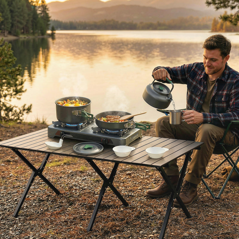 Camping Cookware Set for 2–3 People with Fast Heating and Compact Nesting Design Grey Army Green