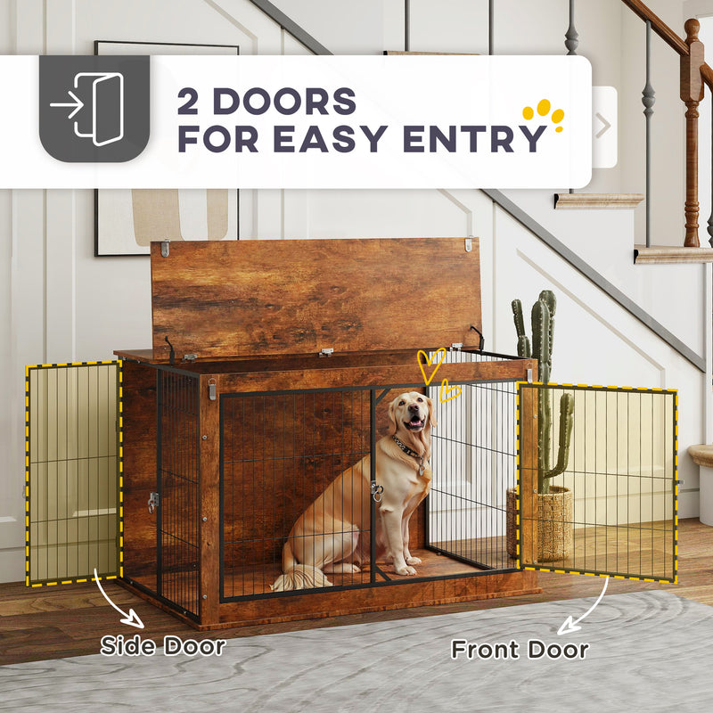 Extra Large Dog Crate Furniture with Flip-up Top and Two Doors Rustic Brown by PawHut