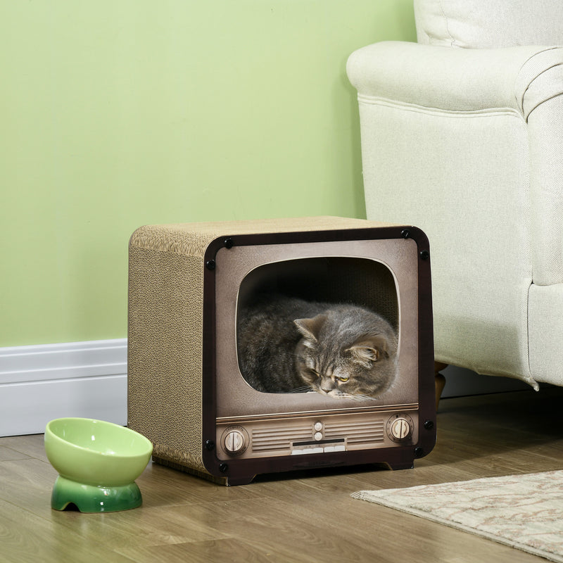 2 in 1 Cat Scratching House with TV Shape Design and Catnip for Indoor Use, Brown
