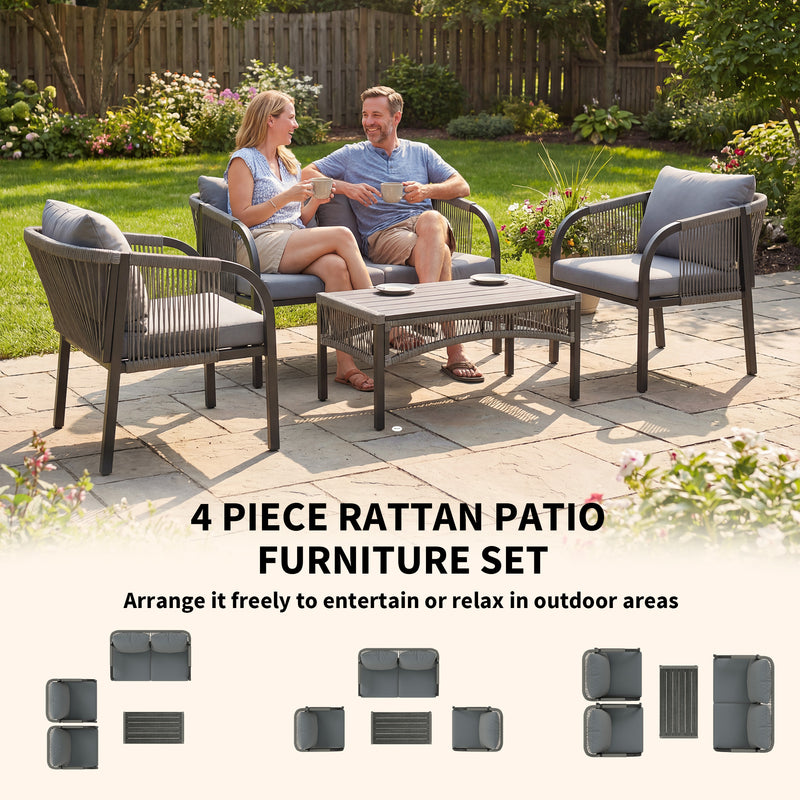 Rattan Garden Furniture Set with Sofa Armchairs and Coffee Table for Outdoor Relaxing, Grey Outsunny