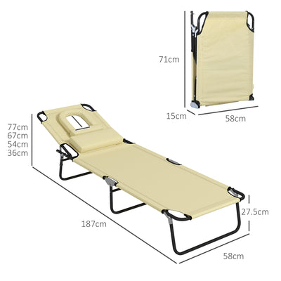 Set of 2 Folding Sun Loungers with Face Hole and Adjustable Backrest for Garden Use, Beige Outsunny