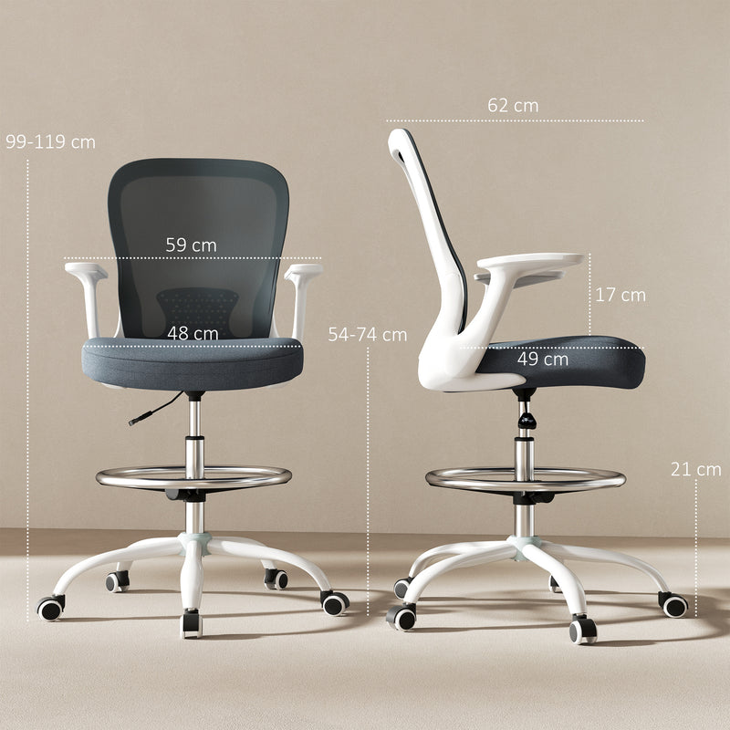 Grey Ergonomic Mesh Drafting Chair with Flip-up Armrests and Adjustable Foot Ring by HOMCOM