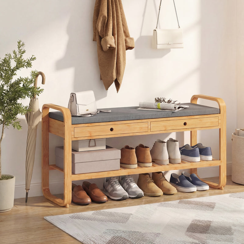 Shoe Storage Bench with Drawers and Padded Seat for Narrow Hallways Natural Bamboo Grey