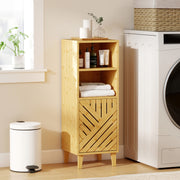 Slim Freestanding Bathroom Cabinet With Bamboo Door And Open Shelves For Storage, Natural Wood Finish