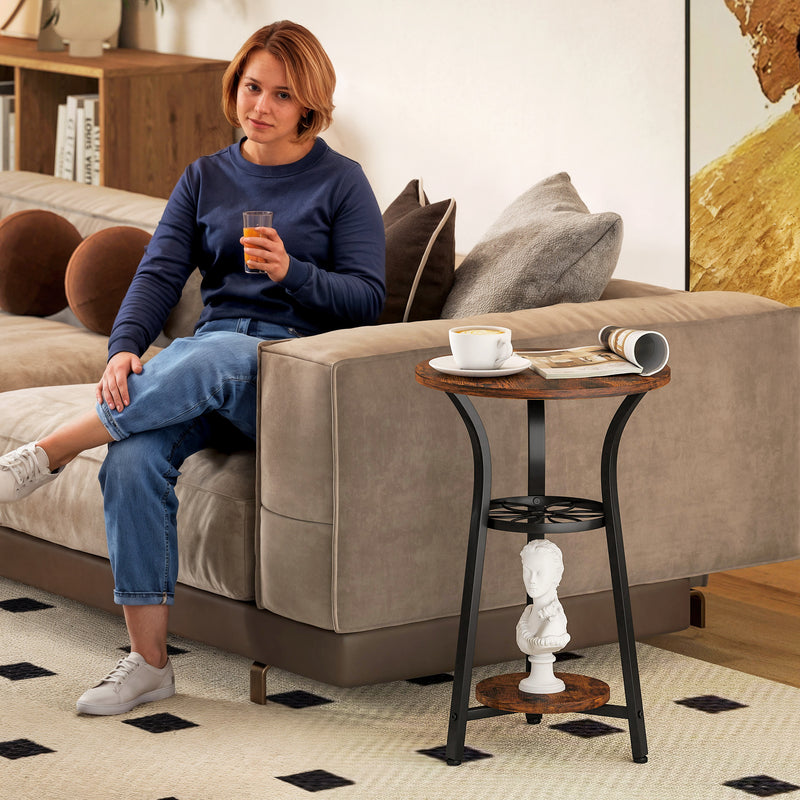 Rustic Brown Round Side Table with 3 Tier Storage Shelves for Living Room or Bedroom
