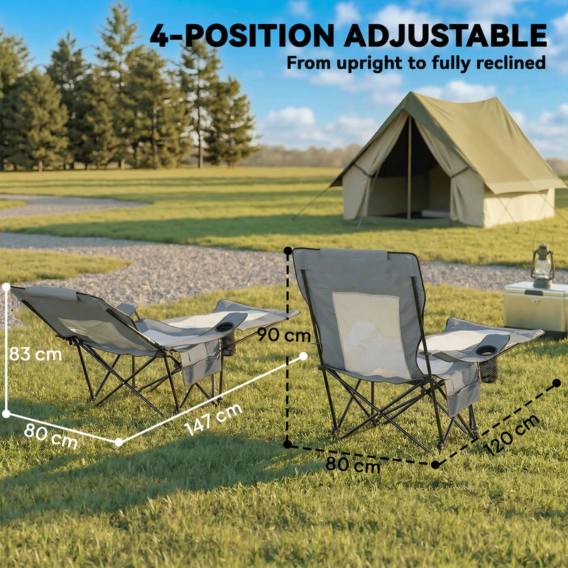 Set of 2 Reclining Camping Chairs for Shared Outdoor Comfort with Cup Holders Grey Black