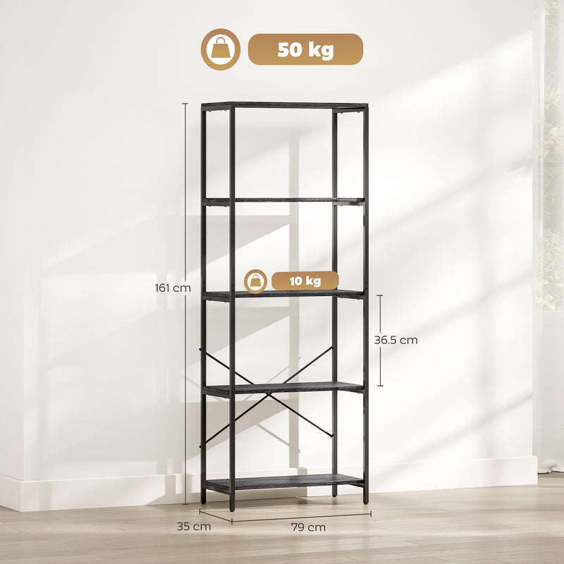 5 Tier Industrial Style Bookcase With Sturdy Metal Frame For Home Office Storage Dark Grey Black AOSOM