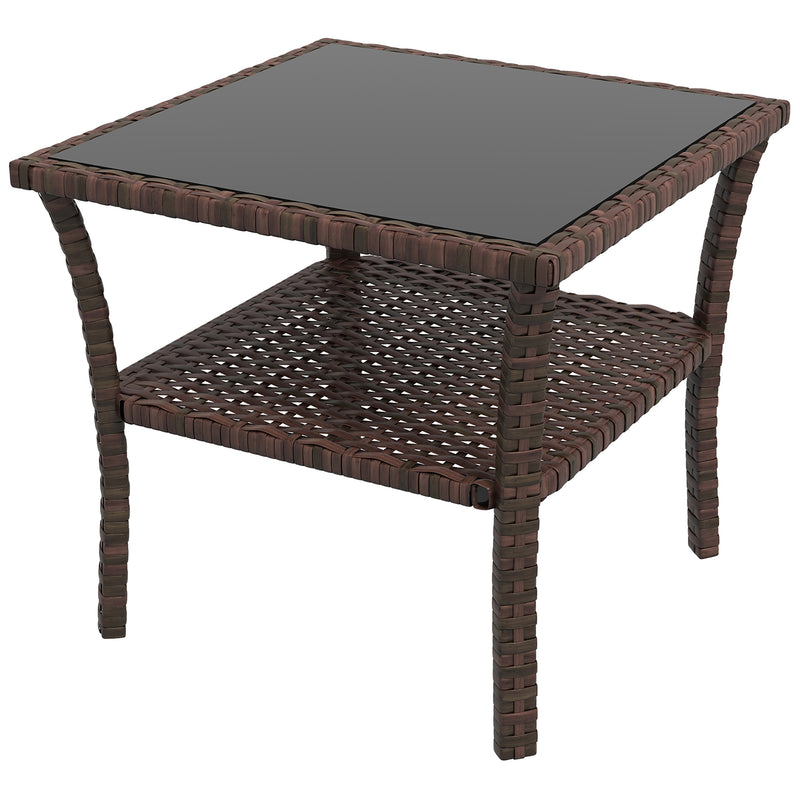 Brown Rattan Two Tier Square Coffee Table With Storage Shelf For Garden Patio Use