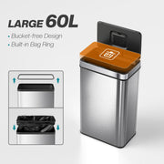 Sensor Bin 60L Touchless Waste Disposal with Odour Control for Kitchens and Offices Silver AOSOM