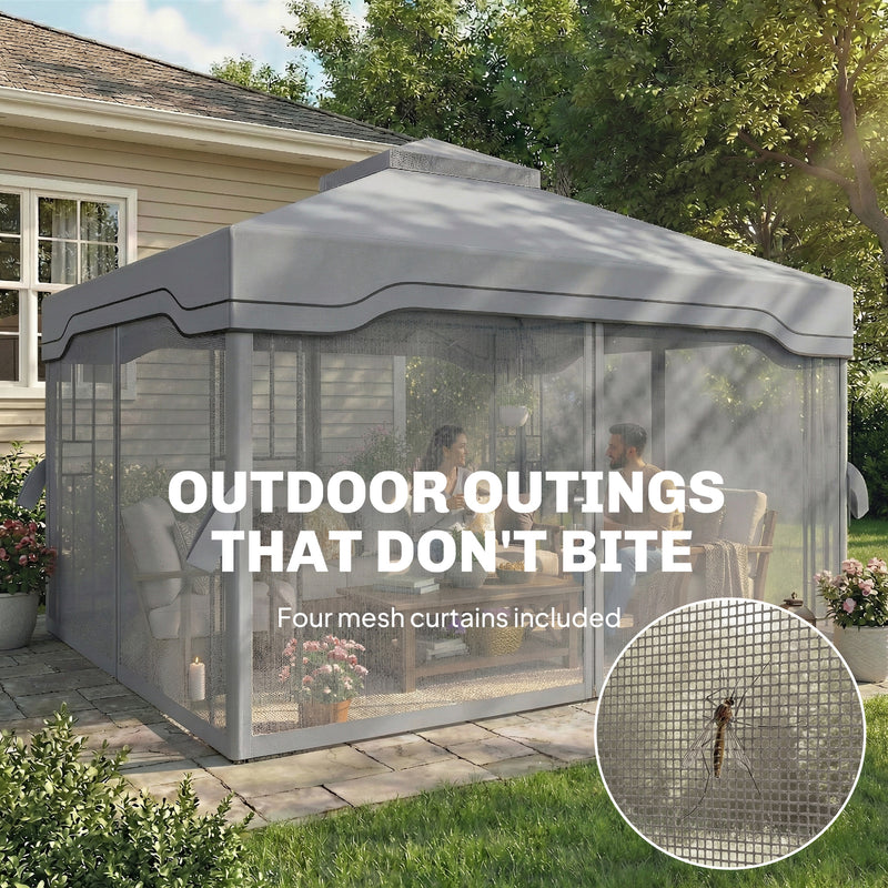 3x3.6m Metal Garden Gazebo with 2-Tier Roof and Mesh Panels for Cool Shaded Outdoor Seating, Dark Grey Outsunny
