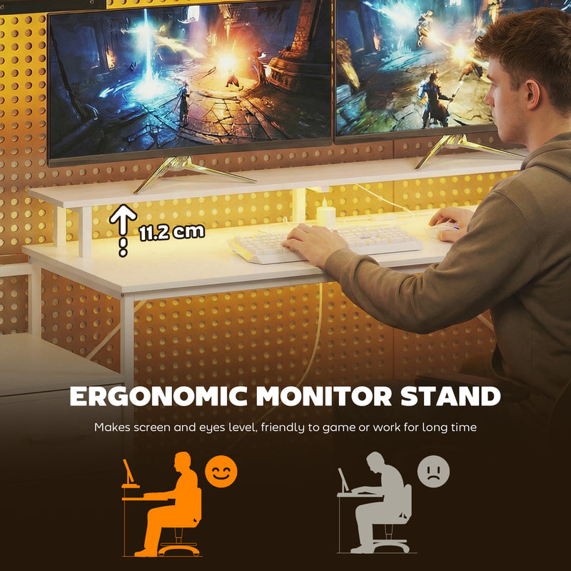 Computer Desk with Monitor Stand and Built-In Charging Hub for Home Office or Gaming White AOSOM