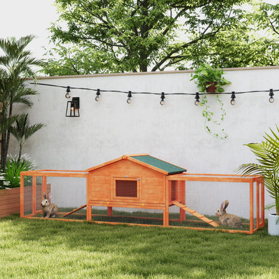Wooden Rabbit Hutch with Run and Pull Out Tray for Outdoor Use with Ramps, Orange