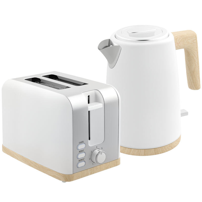White 1.7L Fast Boil Cordless Kettle and 2 Slice Toaster Set With 7 Browning Levels by HOMCOM