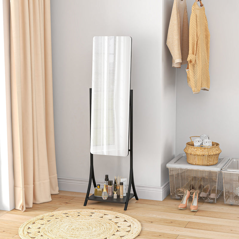 Full Length Freestanding Dressing Mirror With Adjustable Angle And Storage Shelf, Grey