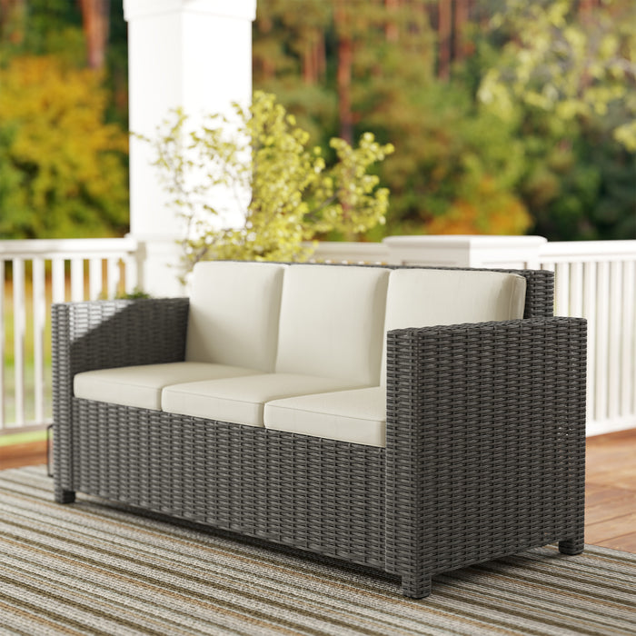 Cream 3 Seater Rattan Sofa All Weather Wicker Weave with Fire Resistant Cushions by Outsunny