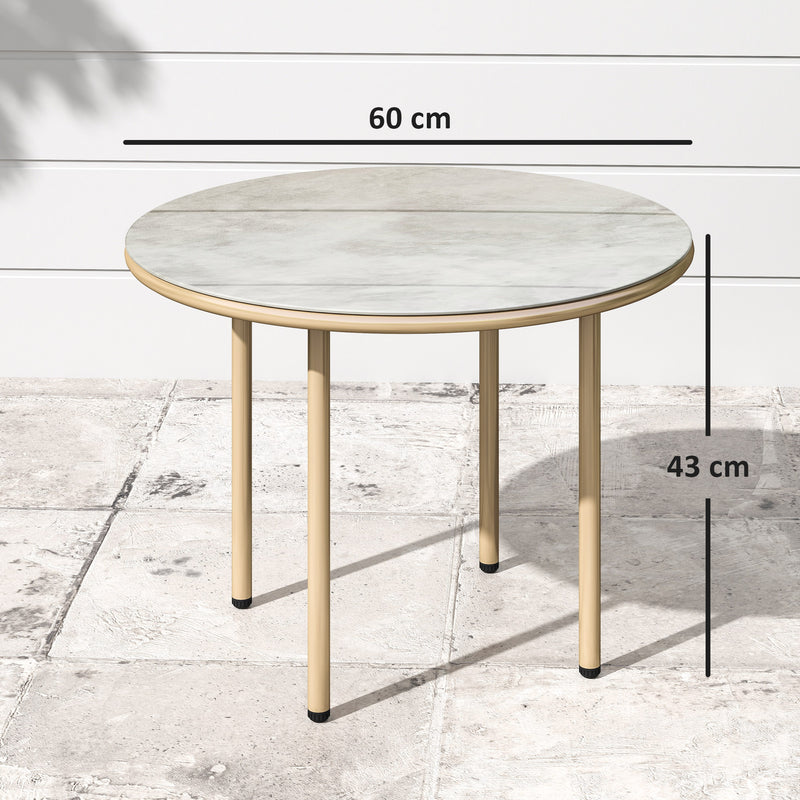 Beige 60cm Round Garden Side Table with Tempered Glass Top and Steel Frame