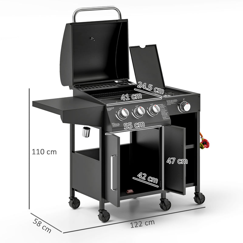 3+1 Burner Gas BBQ Grill with Storage Cabinet and Wheels for Outdoor Cooking by Outsunny