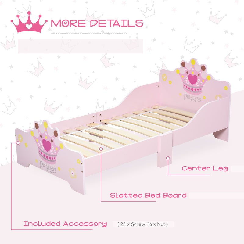 Pink Toddler Princess Bed with Safety Rails and Slats for Girls Aged 3 to 6 Years