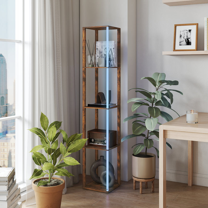 LED Floor Lamp with Shelves and Remote Control for Living Room or Bedroom Rustic Brown