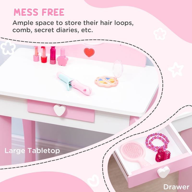 5 Piece Kids Princess Bedroom Furniture Set With Bed Storage and Dressing Table Pink AOSOM