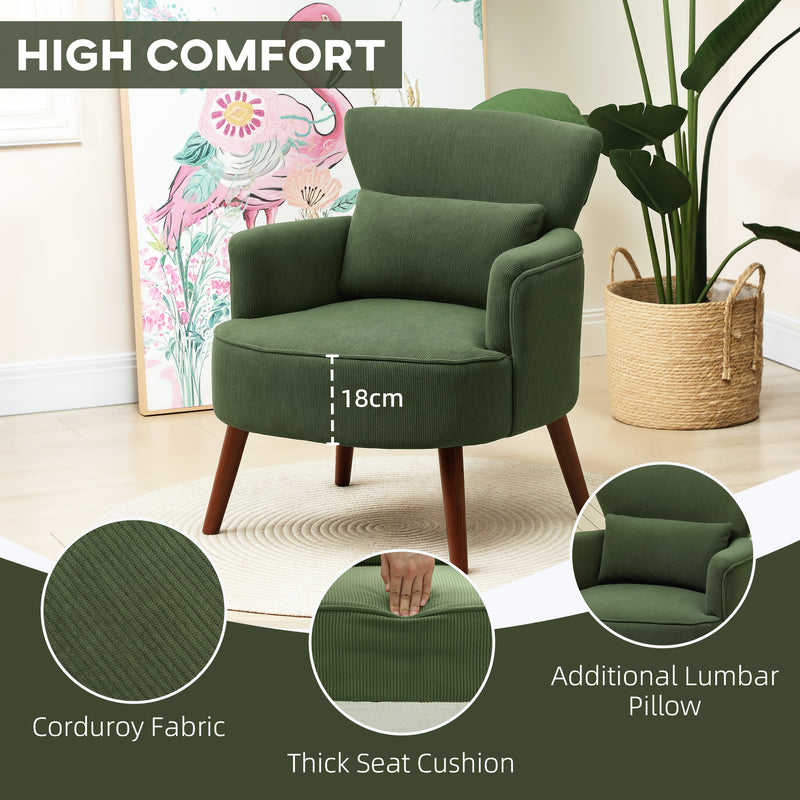 Green Corduroy Retro Accent Chair with Padded Seat and Wooden Legs by HOMCOM