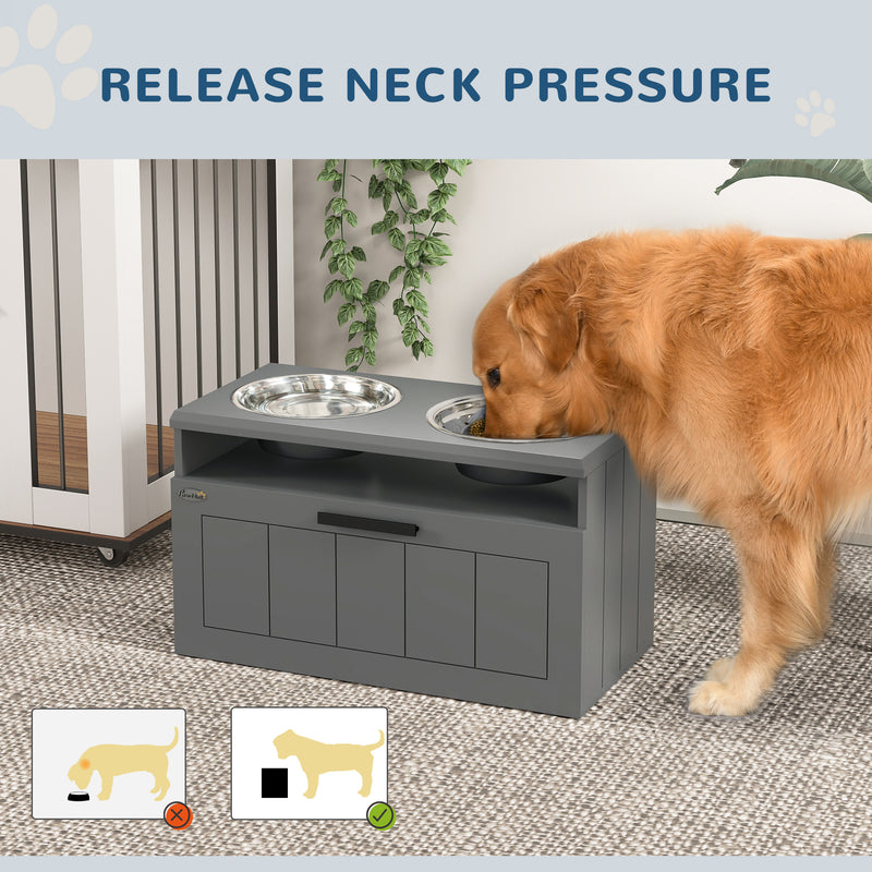 Raised Dog Feeder with Slow Feed Bowls and Storage Drawer for Large Dogs Grey