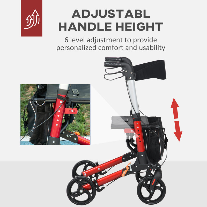 HOMCOM Folding Rollator Walker with 6 Adjustable Handle Height for People with Limited Mobility, Red