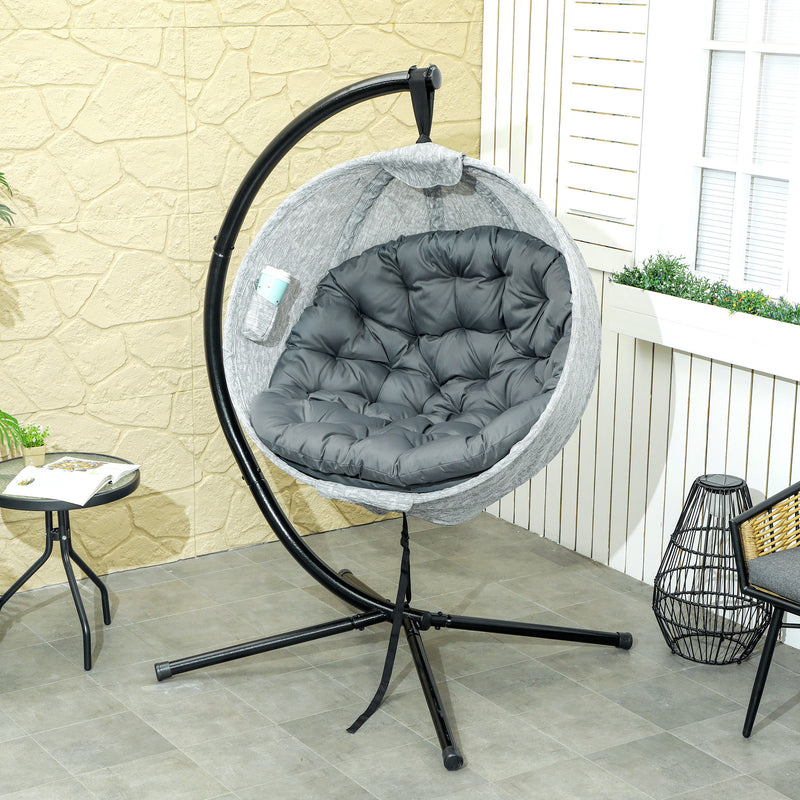 Grey Hanging Egg Chair with Stand Thick Cushion and Cup Holder for Garden or Balcony by Outsunny