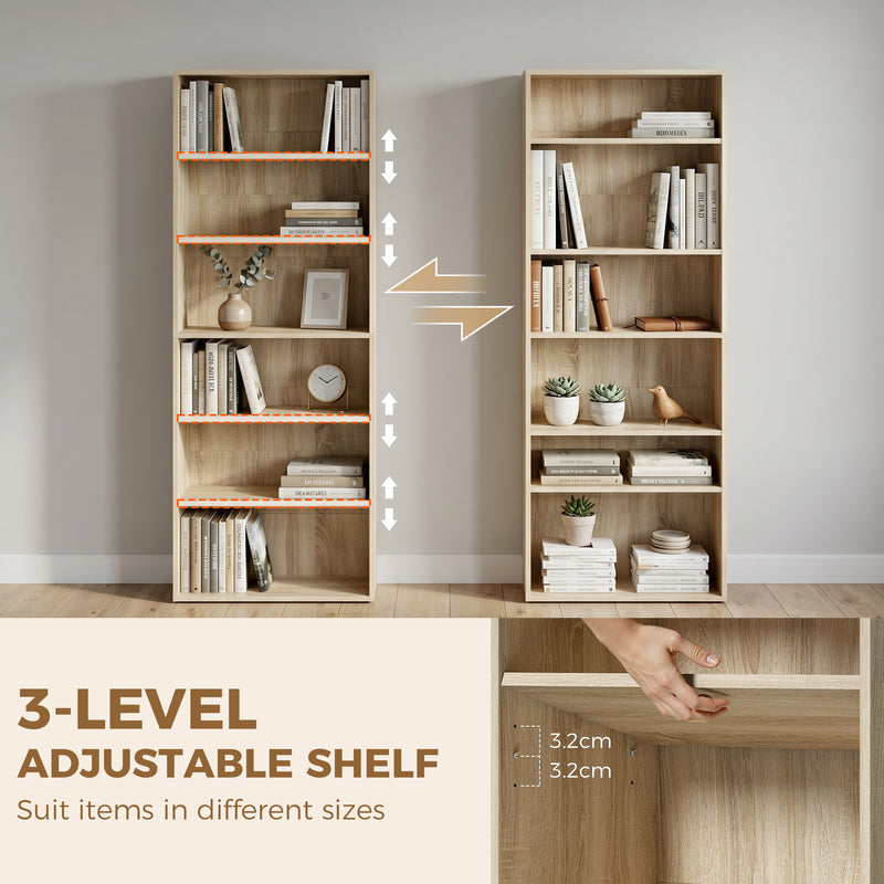 Tall Bookshelf with Adjustable Shelves for Living Room or Office Organisation Oak Wood Effect