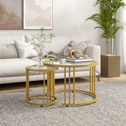 Set of 2 Nesting Round Coffee Tables with Tempered Glass Tops for Living Room, Gold Tone