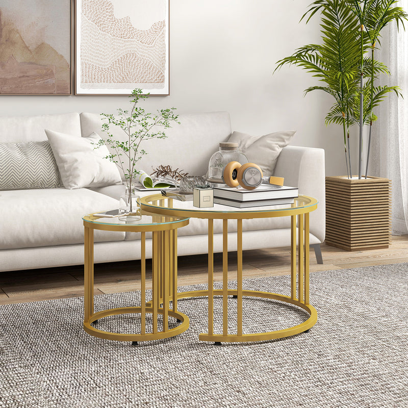 Set of 2 Nesting Round Coffee Tables with Tempered Glass Tops for Living Room, Gold Tone