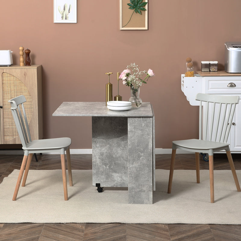 Folding Drop Leaf Dining Table with Storage Shelves and Wheels for Small Kitchens Cement Grey