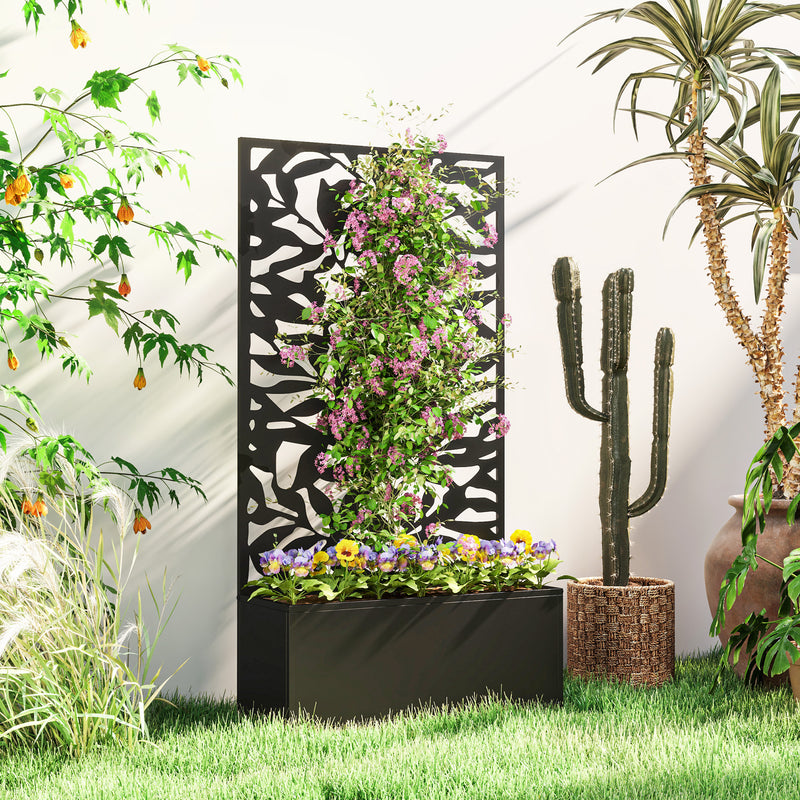 Outsunny Metal Garden Bed with Trellis, Wall Mounted or Freestanding Raised Planter with Privacy Panel, Black Outsunny