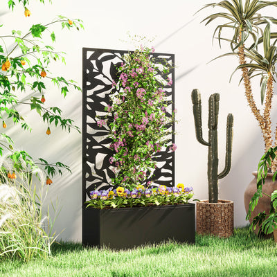 Outsunny Metal Garden Bed with Trellis, Wall Mounted or Freestanding Raised Planter with Privacy Panel, Black Outsunny