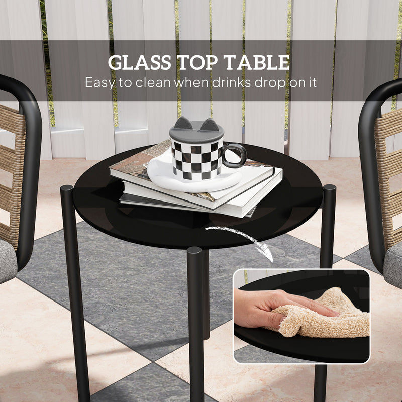 3 Piece Black Rattan Bistro Set with Cushions and Glass Top Table for Patio